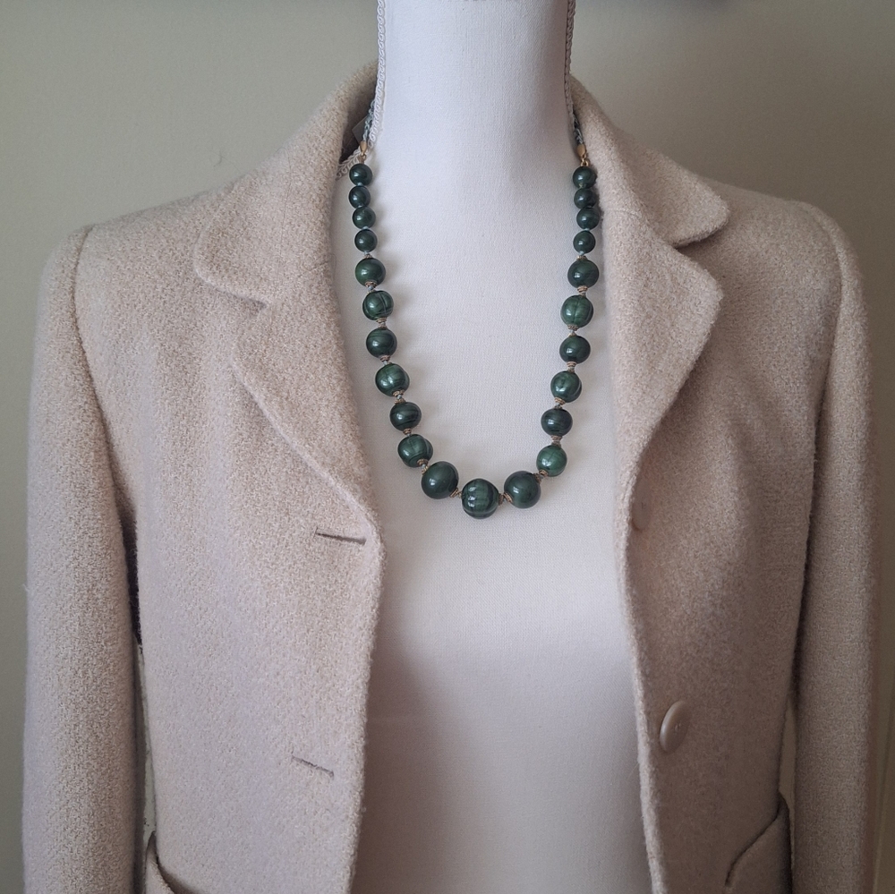 Liz Claiborne Art Glass Beaded Necklace Green Gold Black Chunky Beads on Cord